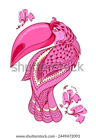 Fantasy illustration of rose toucan. Fairyland exotic bird. Stylized print for badge, logo, label, icon, t-shirt, tattoo. Abstract decoration. Hand drawn vector. Flat cartoon drawing. Royalty-Free Stock Photo #2449472093