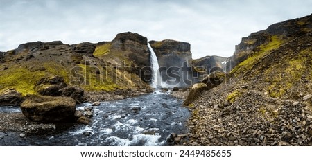 The spectacular waterfall Háifoss (High waterfall) in the south of Iceland tumbles 122 meters down the cliffs into a canyon.