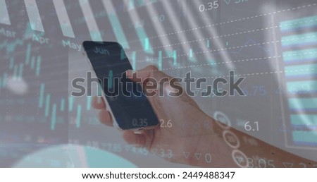 Image of financial data processing over caucasian woman using smartphone. Global business, data processing and digital interface concept digitally generated image.