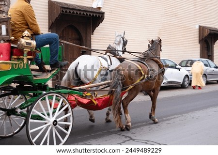 Tourists and locals ride in horse-drawn carriages through vibrant streets Marrakech, authentic and lively city life African kingdom Morocco, Authentic experience Royalty-Free Stock Photo #2449489229