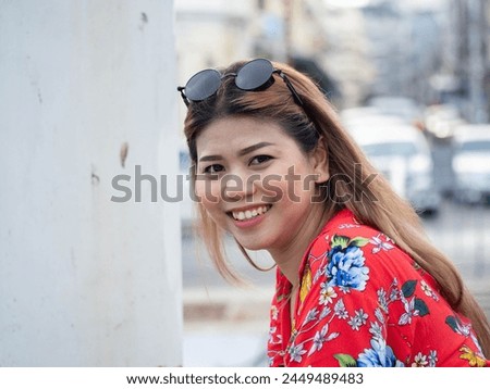 Female woman lady girl person people human look at camera happy smile portrait young adult lifestyle copy space face fashion caucasian model beautiful pretty asia thailand brunette enjoy funny care