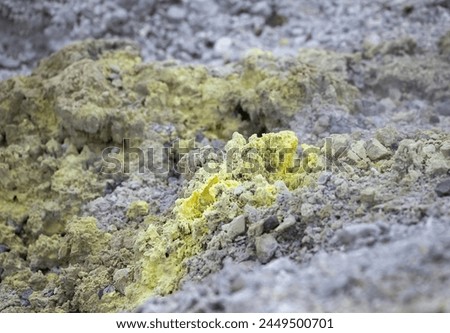 Rocks with the release of yellow sulfur, volcanic activity, zone of geothermal activity in the Rotorua region North Island of New Zealand Royalty-Free Stock Photo #2449500701