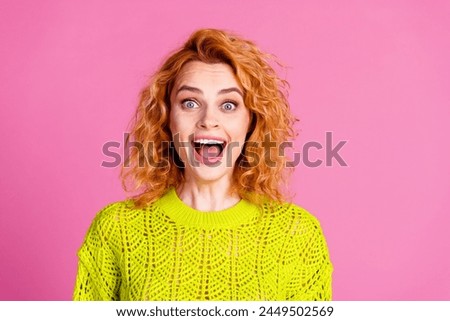 Photo of astonished glad lovely girl wear stylish green clothes open mouth isolated on vivid pink color background