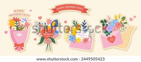 Mothers Day colorful flower bouquet elements isolated on cream white background.