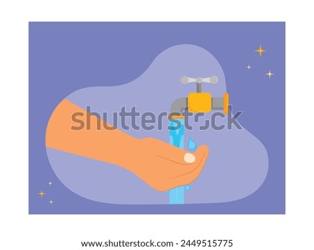 Hands are washing ablution hands at the tap before prayer. Character design. Vector flat illustration