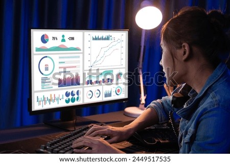 Young beautiful Asian businesswoman calling on phone desk coworker explaining creator business graph while looking dynamic analysis report on pc at back side at neon office at night. Stratagem.