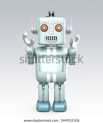 Cute retro robot raising his hands on gray background. Clipping path available.