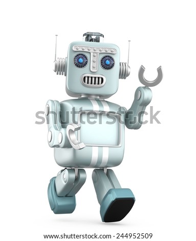 Cute retro robot walking and raising his left hand say hello. Clipping path available.