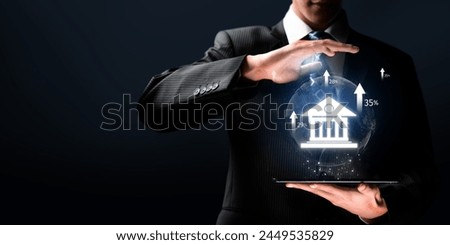Business person transforms online banking, employing tech for innovative finance solutions. Streamlining banking and finance processes, Technology elevates online banking to new heights. FaaS Royalty-Free Stock Photo #2449535829