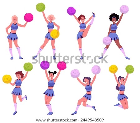Cheerleaders girls characters who perform and dance with pom-poms in their hands, flat vector illustration isolated on white background. Cheerleaders squad personages.