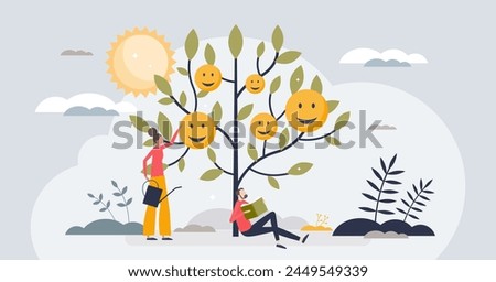 Positive psychology and inner mindset emotion development tiny person concept. Happy wellbeing with calm and relaxing life moments vector illustration. Psychological therapy for good mental health.