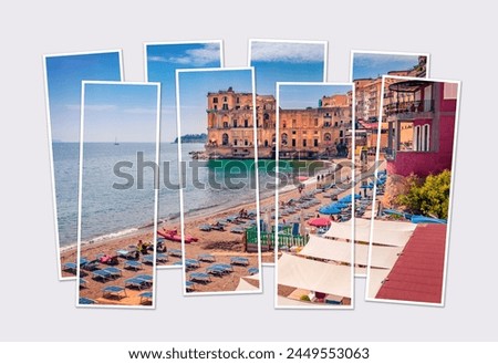 Isolated eight frames collage of picture of summer cityscape of Naples, Italy, Europe. Wonderful seascape of Mediterranean seascape. Mock-up of modular photo.
