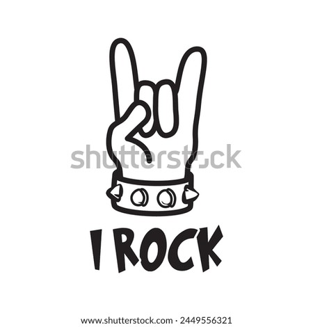 Silhouette of a rock hand gesture with a quote I rock. Vector illustration for tshirt, website, print, clip art, poster and print on demand merchandise.