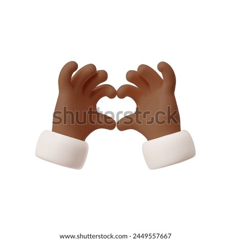 Hands making heart shape gesture 3D vector icon. Cartoon cute love symbol, Valentines day romantic clip art. Realistic render illustration of afro arm fingers with white sleeve gesture emoji