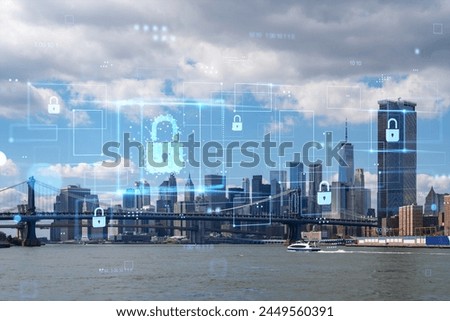 New York Cityscape with digital cybersecurity hologram overlaying the scene. Digital graphic on urban background. Security and technology concept. Double exposure