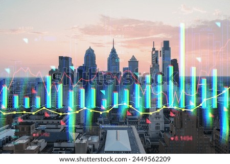Philadelphia skyline with digital holographic financial graphs overlaid on it, representing a future technology concept on a dusk background. Double exposure
