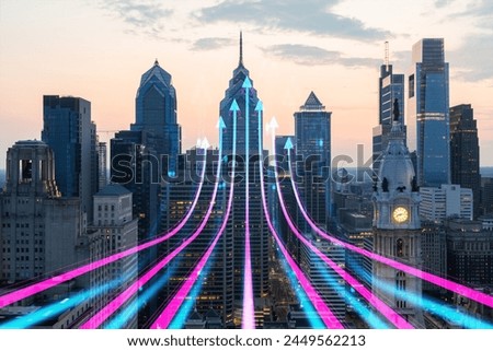 Philadelphia skyline with futuristic hologram arrows, concept of data flow and technology on cityscape background. Double exposure