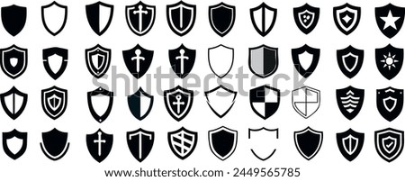 Black heraldic shields, emblematic symbols, logo design, branding, silhouette, knightly, armorial, blazon, escutcheon, safeguard, protection, security, medieval, honor, coat of arms, military, warrior Royalty-Free Stock Photo #2449565785