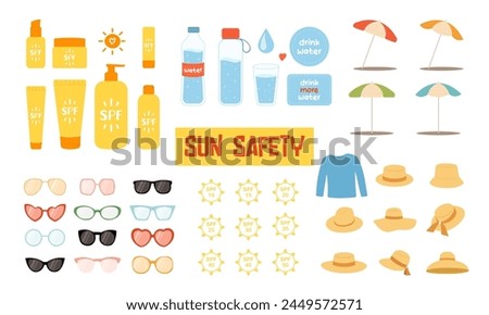 Big set of sun and beach vector design elements isolated on white background. Flat cartoon clip arts of various different sunscreens, sun hats, sunglasses, beach umbrellas, water bottles and spf