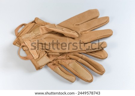 Pair of the beige tactical military gloves made with textile and synthetic leathern on a gray background
 Royalty-Free Stock Photo #2449578743