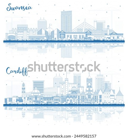 Outline Cardiff and Swansea Wales City Skyline set with Blue Buildings and reflections. Cityscape with Landmarks. Business and Tourism Concept with Historic Architecture.
