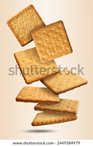 Tasty dry square crackers falling on beige background Royalty-Free Stock Photo #2449584979