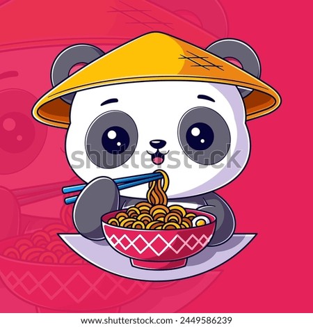 Cute pandas eat red bowl ramen