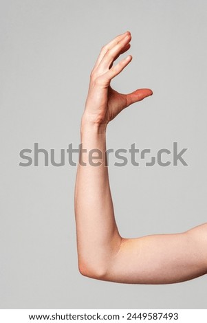 Elevated Bare Human Arm Bent at the Elbow Against a Neutral Background