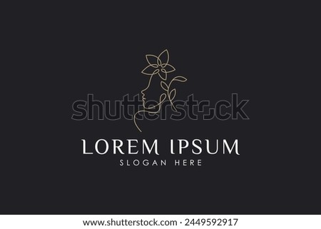 beautiful woman with flower plant decoration in gold minimalist linear logo design style