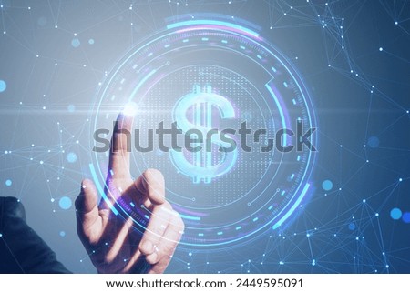 Close up of businessman hand pointing at creative round dollar sign on blurry blue polygonal background. Crypto, online banking, digital transformation and finance concept