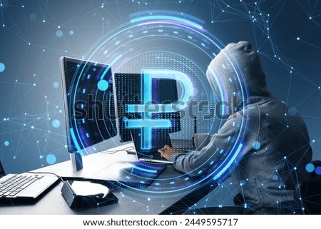 Hacker using computers at desk with creative round ruble sign on blurry blue polygonal background. Crypto, hacking, online banking, digital transformation and finance concept