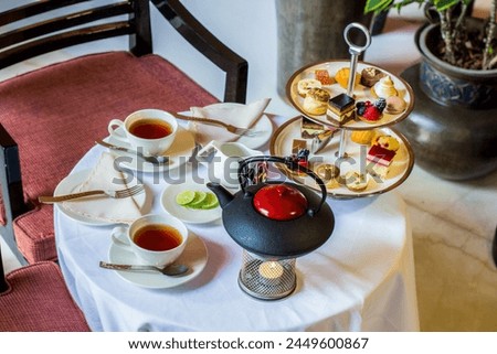 Tea table with desserts for morning breakfast or afternoon tea, Photo is selective focus with shallow depth of field. Taken at Cairo Egypt