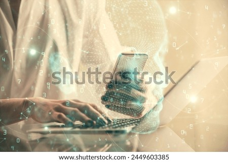 Double exposure of brain sketch hologram and woman holding and using a mobile device.