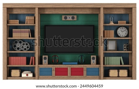 Stylish vintage wooden entertainment center featuring a blank tv screen, books, and decor isolated on white - 3d rendering