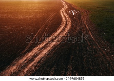 Dirt road with tractor tire track pattern in diminishing perspective, aerial view from drone pov high angle view Royalty-Free Stock Photo #2449604855