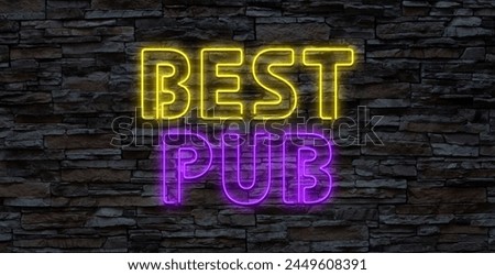 Cheers and beers neon sign. Glowing inscription with bottle and beer cup in human hands on dark blue brick background. Can be used for party, advertisement, night club, fest