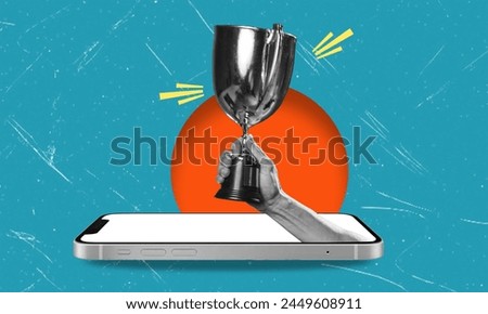 Creative template graphics image of a hand with a cup from phone. Award and winnings concept.
