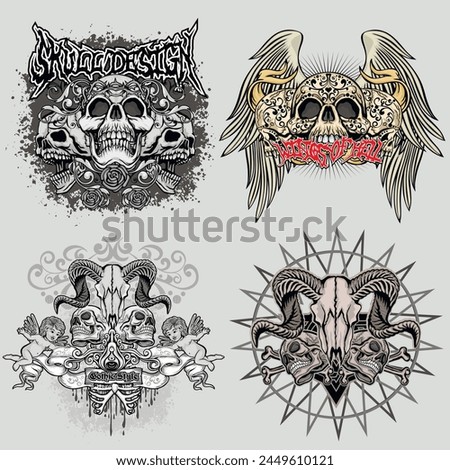 set, gothic sign with skull (Hand drawn vector image), grunge vintage design t shirts
