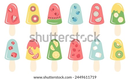 Set of  delicious frozen yogurt with various fruit topping and flavor. Tasty ice cream on stick decorated berries, fruits, glaze. Frozen juice icon isolated. Vector flat cartoon illustration