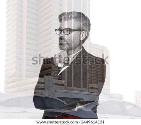 Double exposure of businessman and cityscape with office building