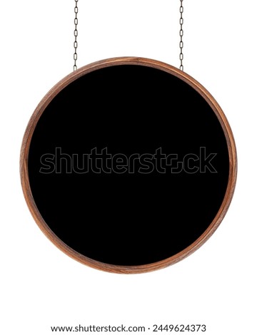 Wooden blank dirty sign hangs on iron chains. Round frame with empty black surface. Signboard isolated on white background