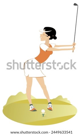 Golfer woman on the golf course. 
Golf course. Young golfer woman aiming to do a good shot. Isolated on white background
