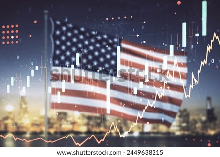 Multi exposure of abstract virtual financial graph hologram on USA flag and blurry cityscape background, forex and investment concept