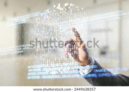 Male hand clicks on abstract virtual creative code skull hologram on blurred office background, theft of personal data and malware concept. Multiexposure