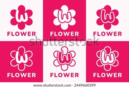 Set of letter W pink flower logo. This logo combines letters and pink flower shapes. Suitable for flower shops, flower farms, accessories shops and the like.