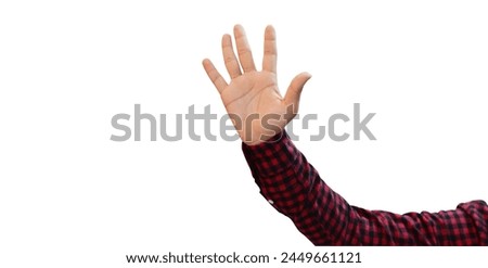 Man Waving Hand on the white isolated background in red shirt with hand in air. Person showing or waving hand