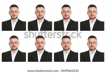 Passport photo, collage. Man on white background, set of photos