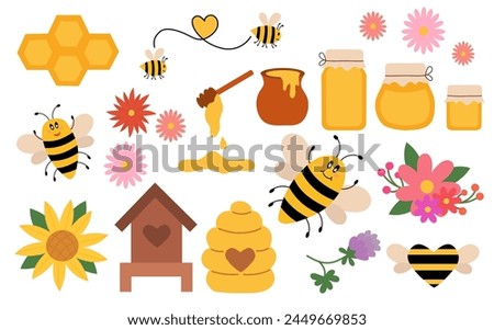 Honey flat Set elements, beekeeping industry. Jars and Pot, dipper spoon. Honeycombs, Hive. Funny bee. Flowers, Sunflower. Organic Eco farm fresh food and floral. Clip art vector.