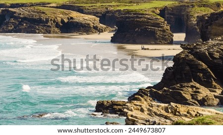 Cantabric coast landscape in northern Spain. Cliff formations on Cathedral Beach, Galicia Spain. Playa de las Catedrales, As Catedrais in Ribadeo, province of Lugo. Tourist attraction. Royalty-Free Stock Photo #2449673807