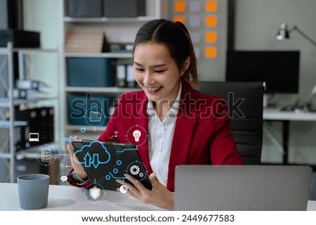 Woman is using a smartphone and tablet to access the cloud computing system, Storage and data transfer Cloud network, Cloud technology.